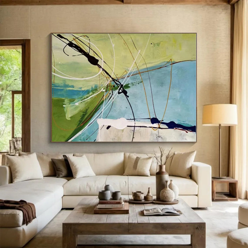 Hand-Painted Green, Blue, and Black Dynamic Abstract Art PT797