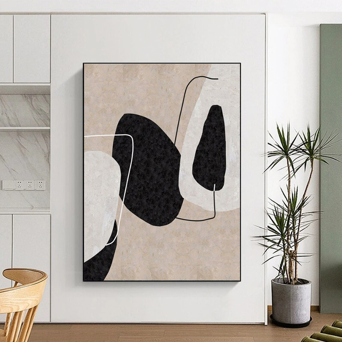 Minimalist Canvas Art Black, Beige, and White Organic Abstract Art PT691