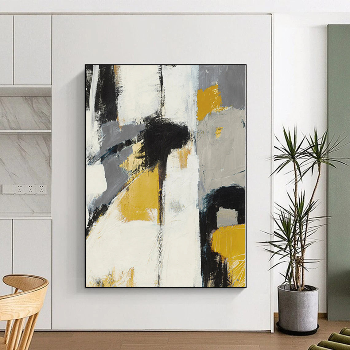 Modern Art Acrylic Gray, Yellow & Black Textured Abstract Painting On Canvas PT089