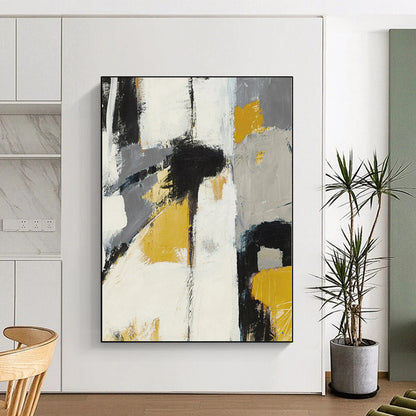 Modern Art Acrylic Gray, Yellow & Black Textured Abstract Painting On Canvas PT089