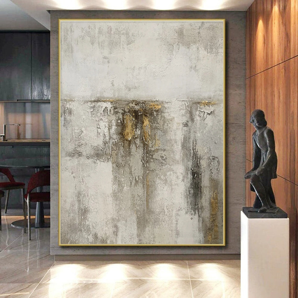 Large Painting In Living Room Gray Beige Gold Textured Abstract Art PT418
