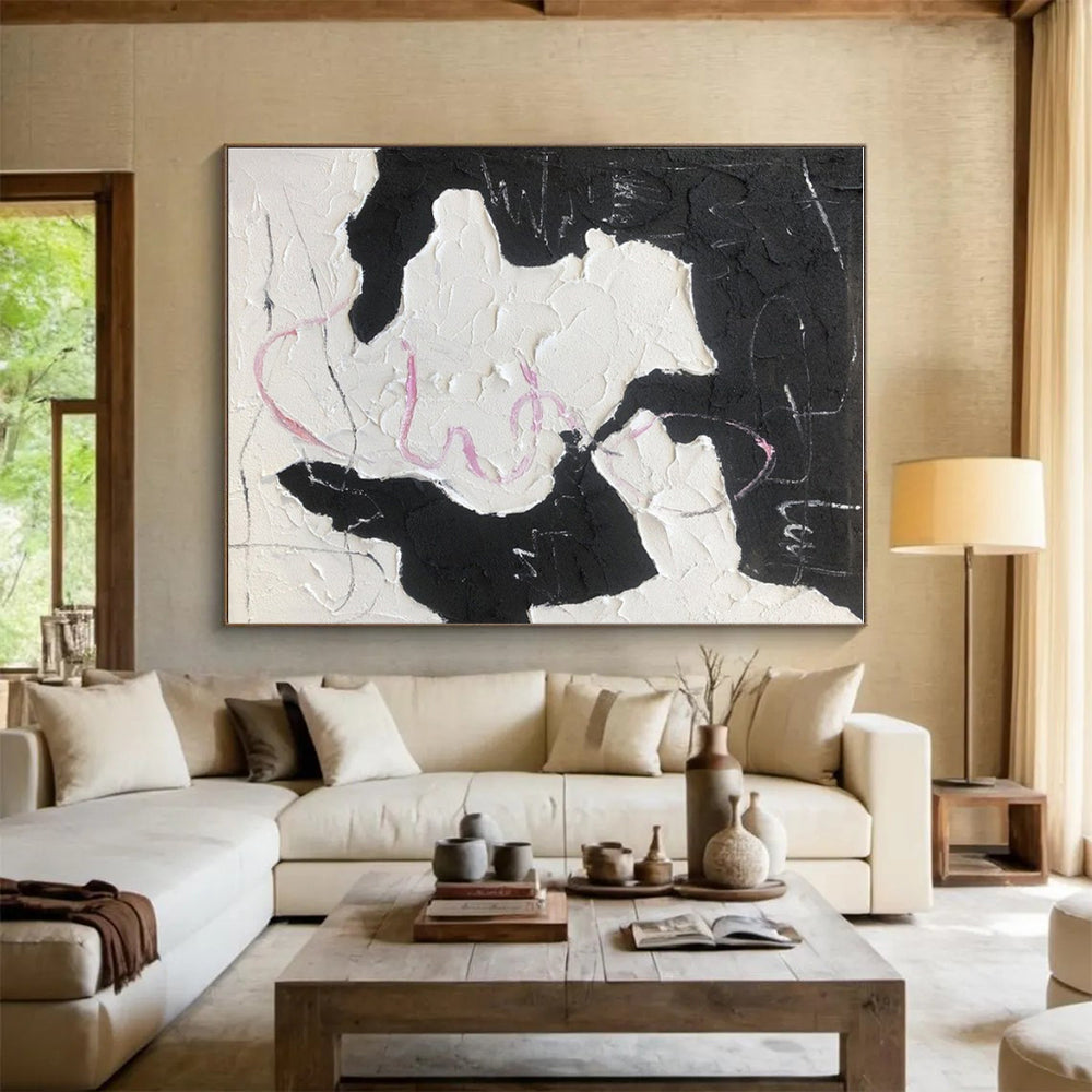 Textured Black & White with Pink Accents Abstract Art - Handmade Art PT582