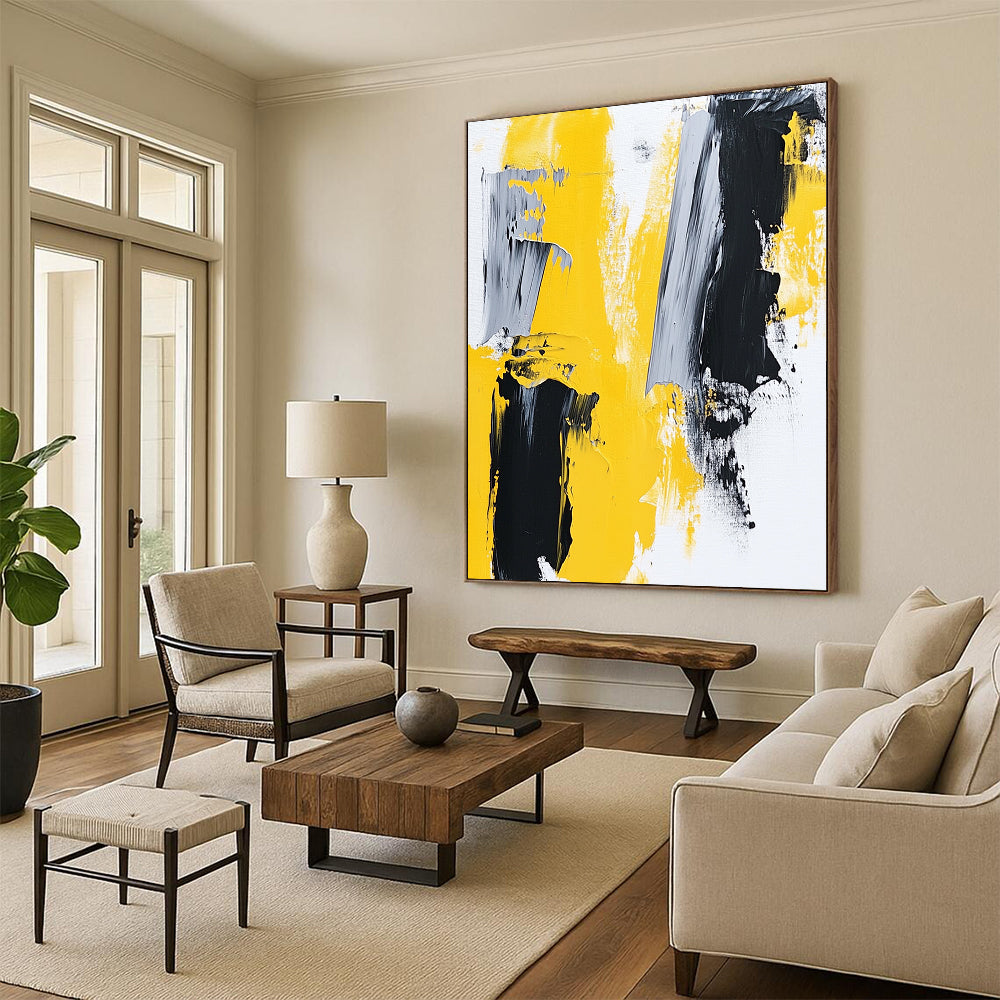 Large Abstract Art For Sale, Yellow Black Gray White Abstract Minimalist Art PT134