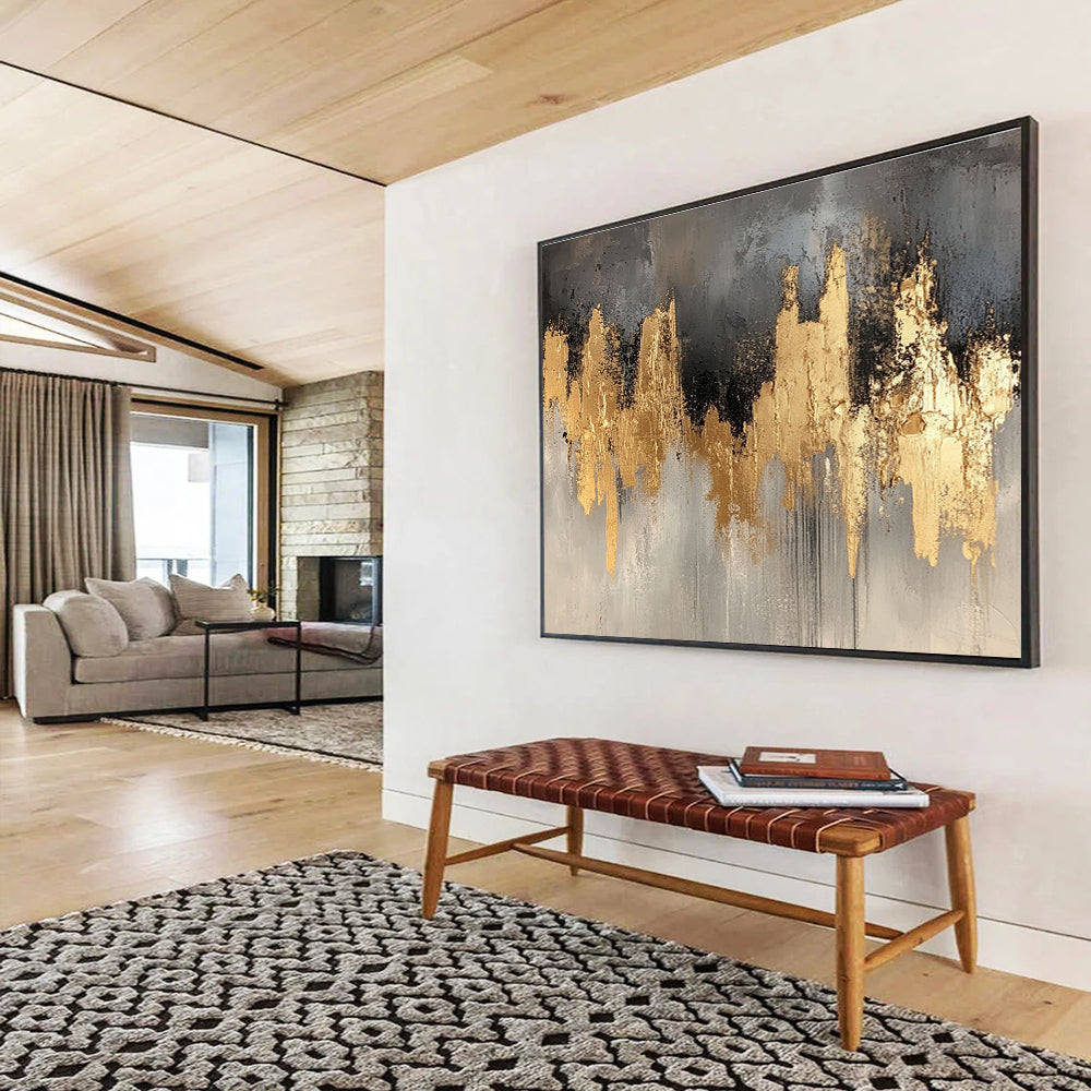 Large Contemporary Wall Art Gold, Gray & Black Textured Abstract Painting HPS296