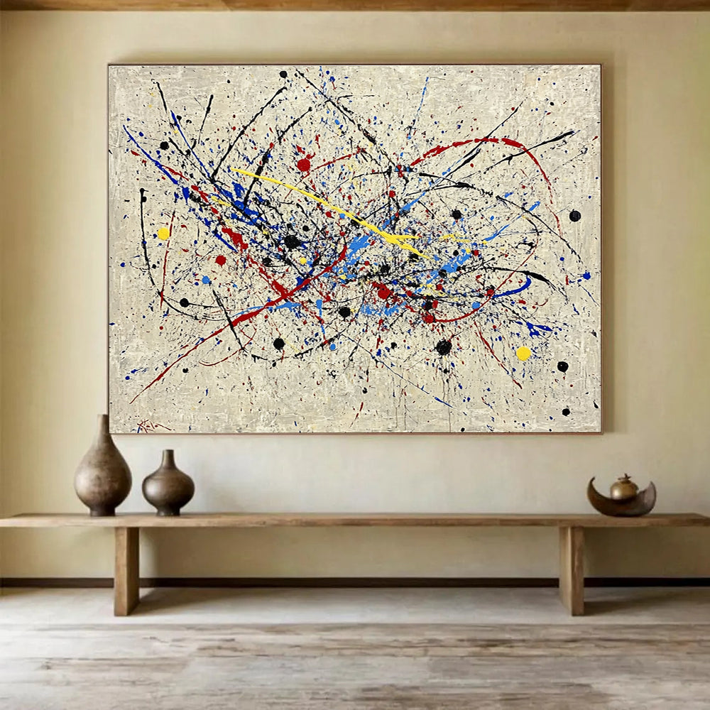 Hand-Painted Multicolor (Red, Blue, Yellow, Black) Splatter Abstract Acrylic Painting HPS251
