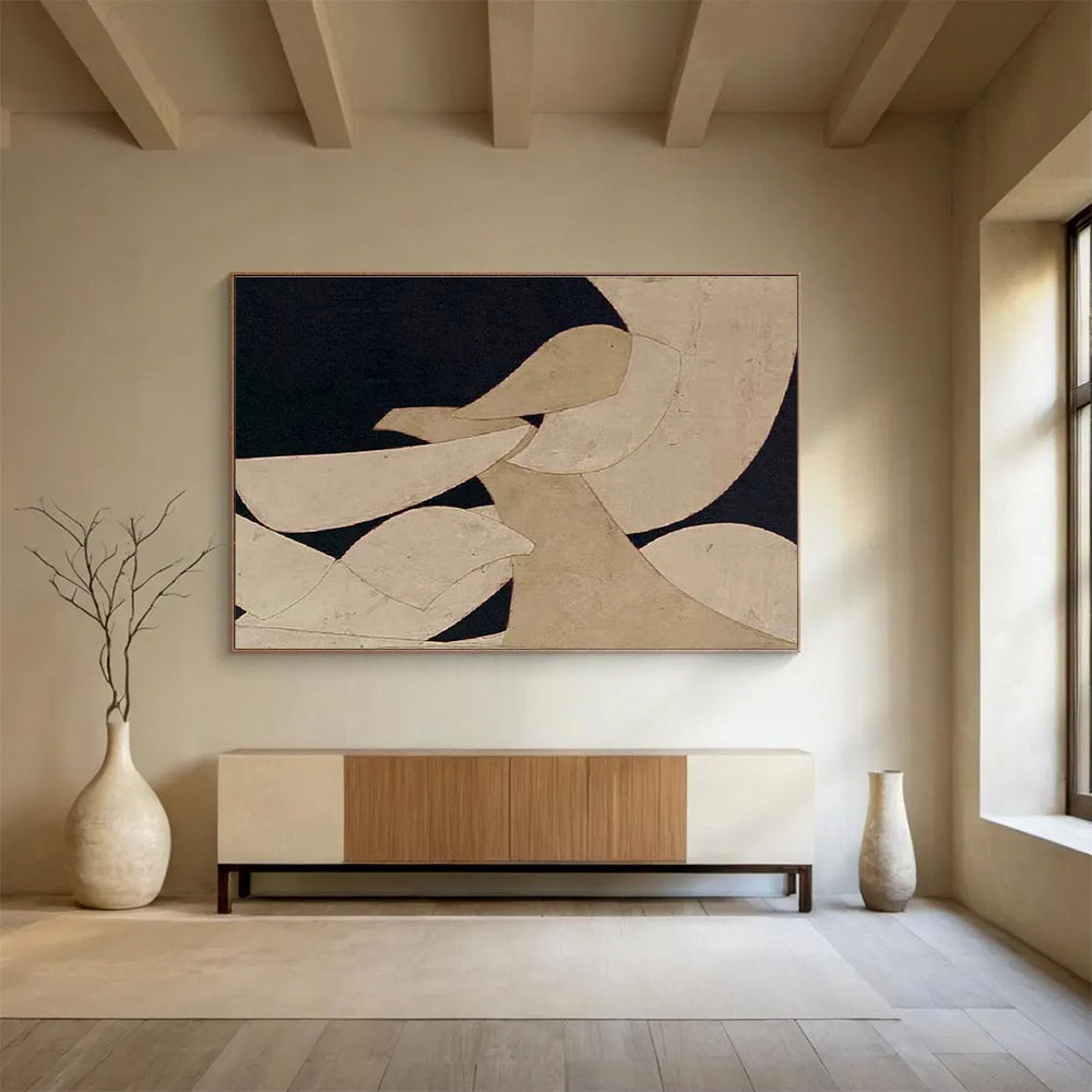 Minimalist Canvas Art Beige & Black Geometric Abstract Painting HPS223