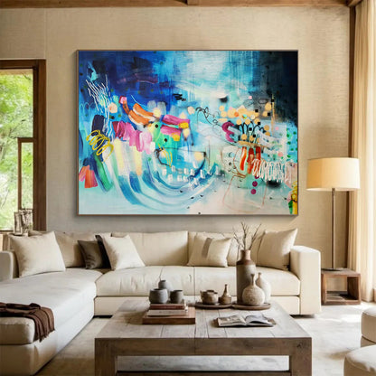 Large Size Blue and Multicolor Whimsical Abstract Art HPS334