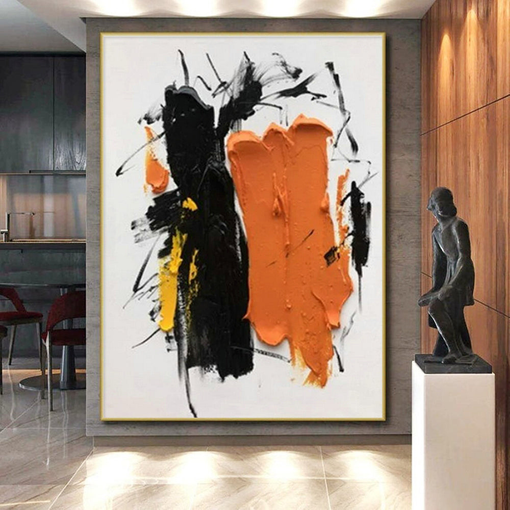 Unique Abstract Art Black, Orange and Yellow Dynamic Abstract Piece, Large Contemporary Wall Art PT522