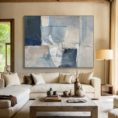 Acrylic Modern Art Paintings Blue, Beige, and White Geometric Abstract Art PT722