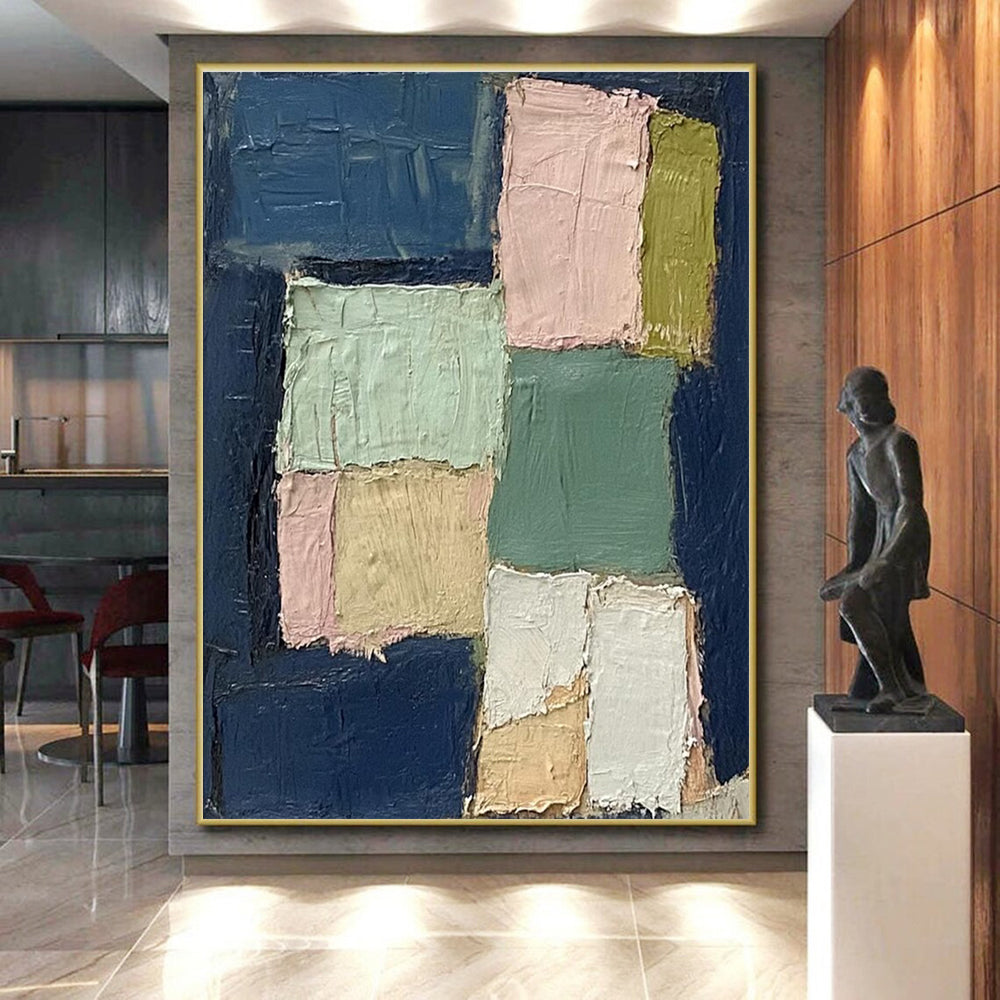 Handmade Art with Navy, Pink, Green, and Beige Textured Blocks, Paintings For House PT205
