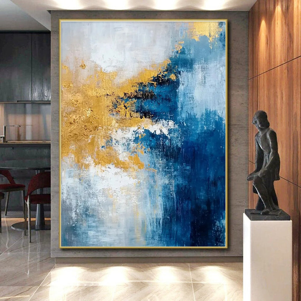 48x60 Blue, White, and Gold Abstract Art with Textural Layers PT226