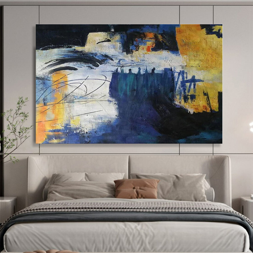 Hand-Painted Blue, Yellow & Black Abstract Urban Scene Art HPS151