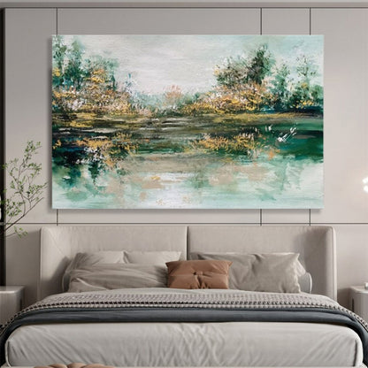 Large Contemporary Wall Art Green and Beige Abstract Lake Landscape Art HPS346