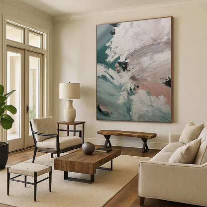 Hand-Painted Teal Beige Abstract Landscape Acrylic Art PT491