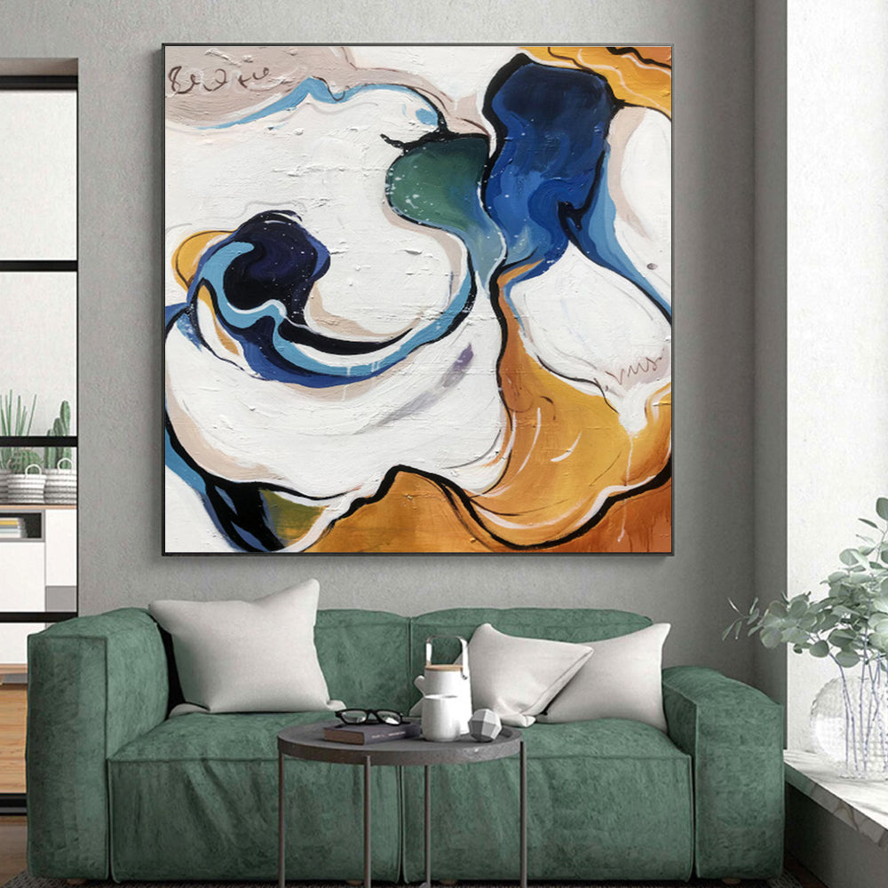Cool Abstract Paintings Blue White Yellow Organic Abstract Art PT386