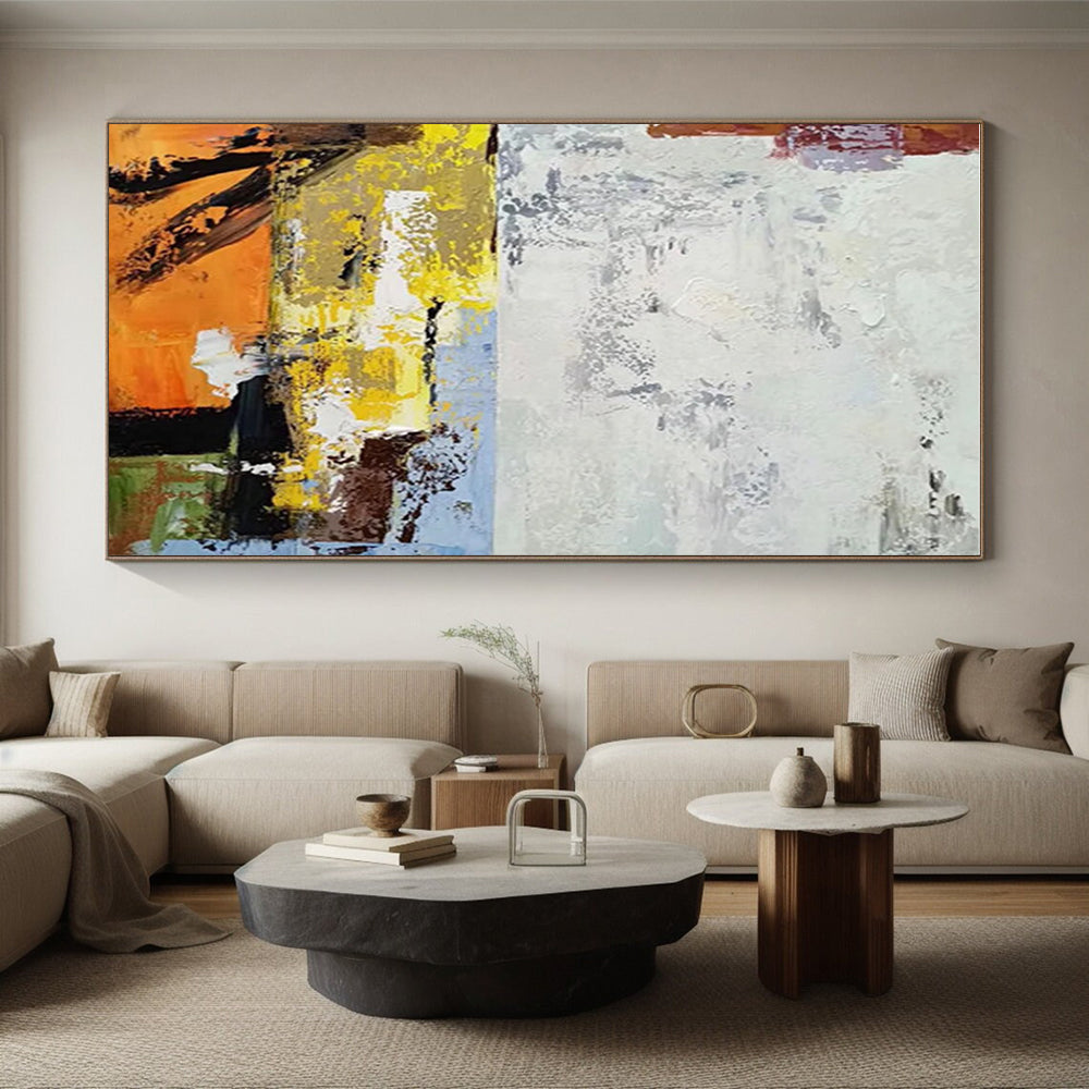 48x60 Orange, Yellow, White, and Gray Abstract Painting with Bold Textures, Cool Abstract Paintings PT206