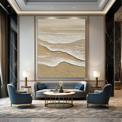 Large Contemporary Wall Art Beige & White Textured Beach Waves, Cool Abstract Paintings DPS492