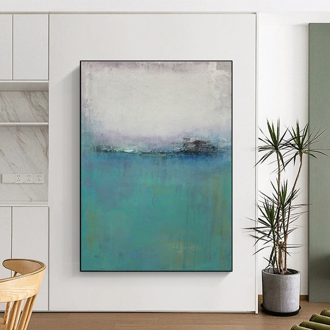 Hand-Painted Teal, Gray, and White Abstract Seaside Art DPS476