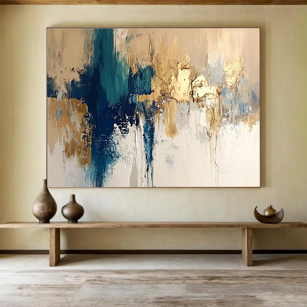 Large Size Teal, Gold & White Textured Abstract Painting HPS275