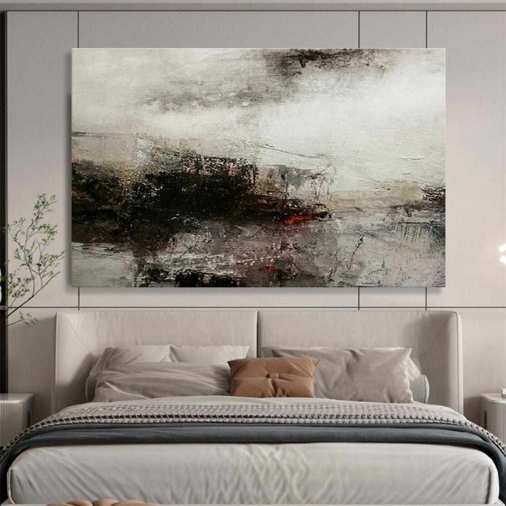 Hand-Painted Gray, Black, and Red Abstract Urban Landscape Art HPS391