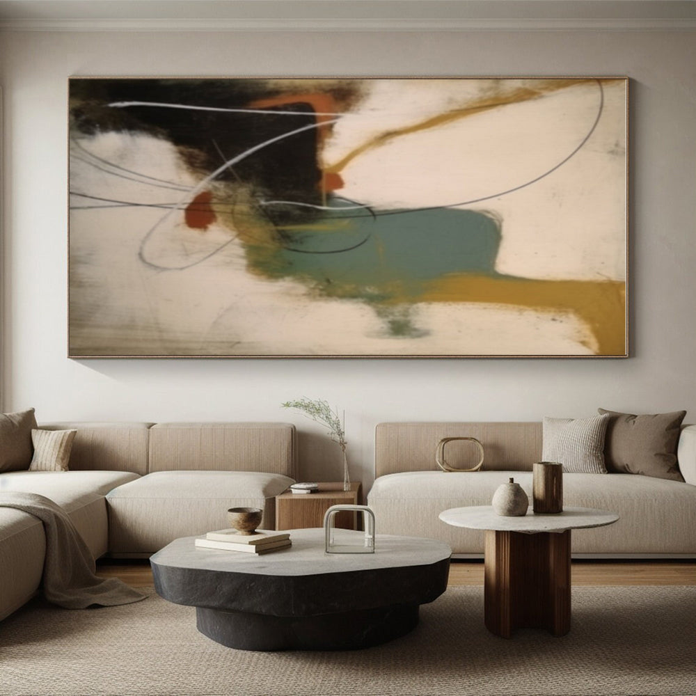 Unique Abstract Art in Black, White, Brown, Teal, and Orange Abstract Shapes and Lines Painting PT266