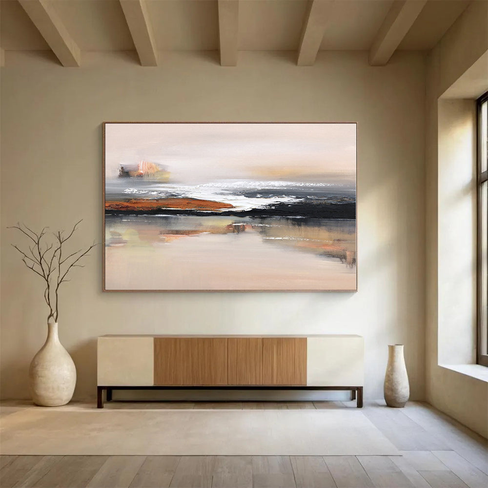 Large Painting In Living Room Beige, Black & White Abstract Coastal Art HPS157