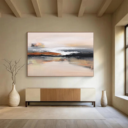 Large Painting In Living Room Beige, Black & White Abstract Coastal Art HPS157