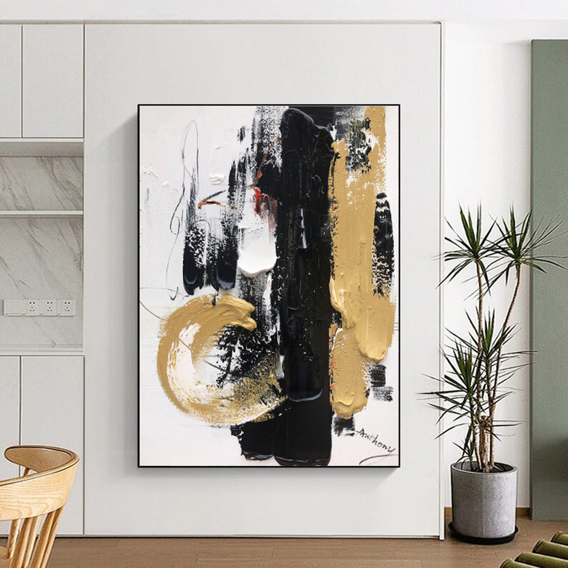 Large Size Black Gold White Abstract Expressionist Acrylic Painting PT474
