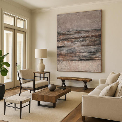 Unique Abstract Art in Brown and Gray Textured Stripes, Handmade Art Piece PT313