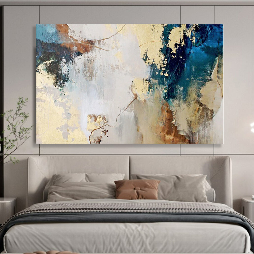 Unique Abstract Art Blue, Gold & Brown Textured Abstract Painting On Canvas HPS113