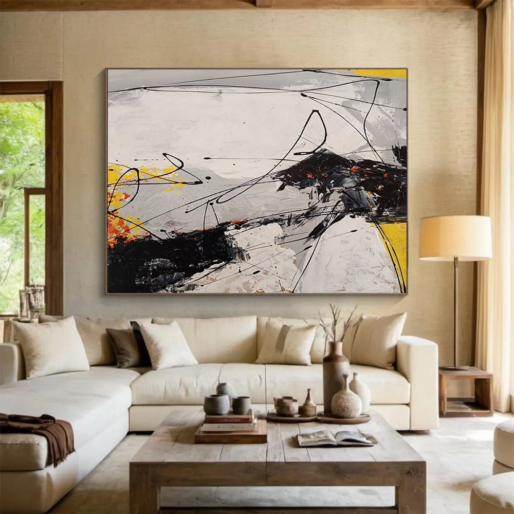 Cool Abstract Paintings Black, White & Yellow Energetic Abstract Art HPS185