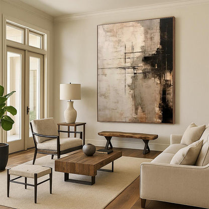 Large Size Beige Black Textured Abstract Art PT373