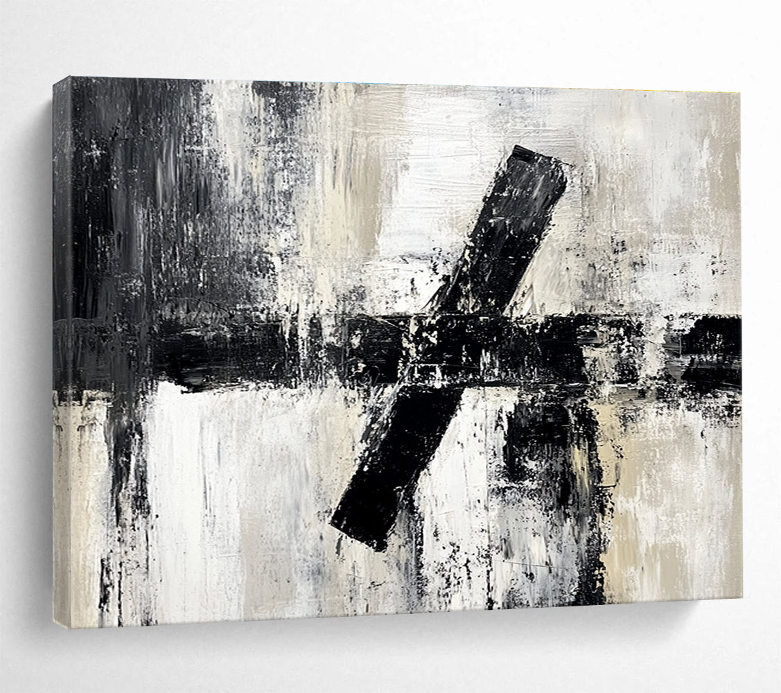 Cool Abstract Paintings Black, White & Beige Textured Geometric Abstract Painting HPS260