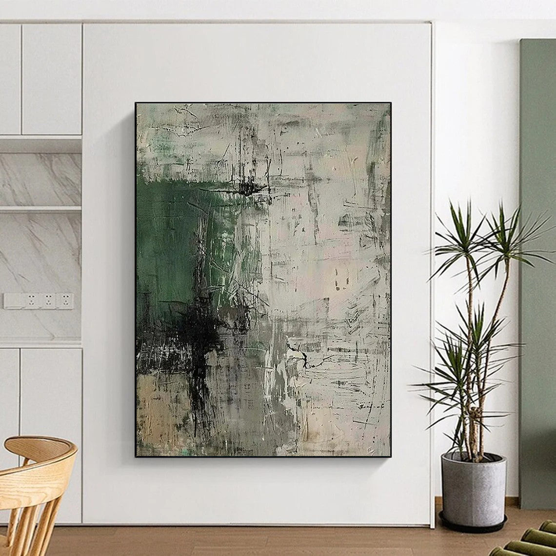 Hand-Painted - Green, Gray & Beige Textured Abstract Art with Dynamic Lines PT598