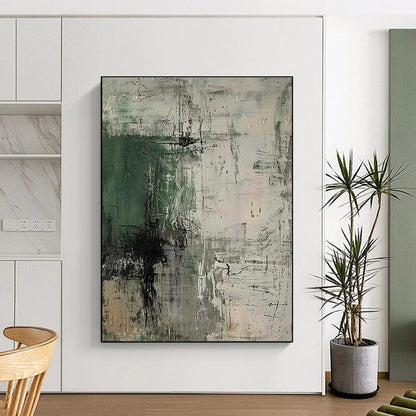 Hand-Painted - Green, Gray & Beige Textured Abstract Art with Dynamic Lines PT598