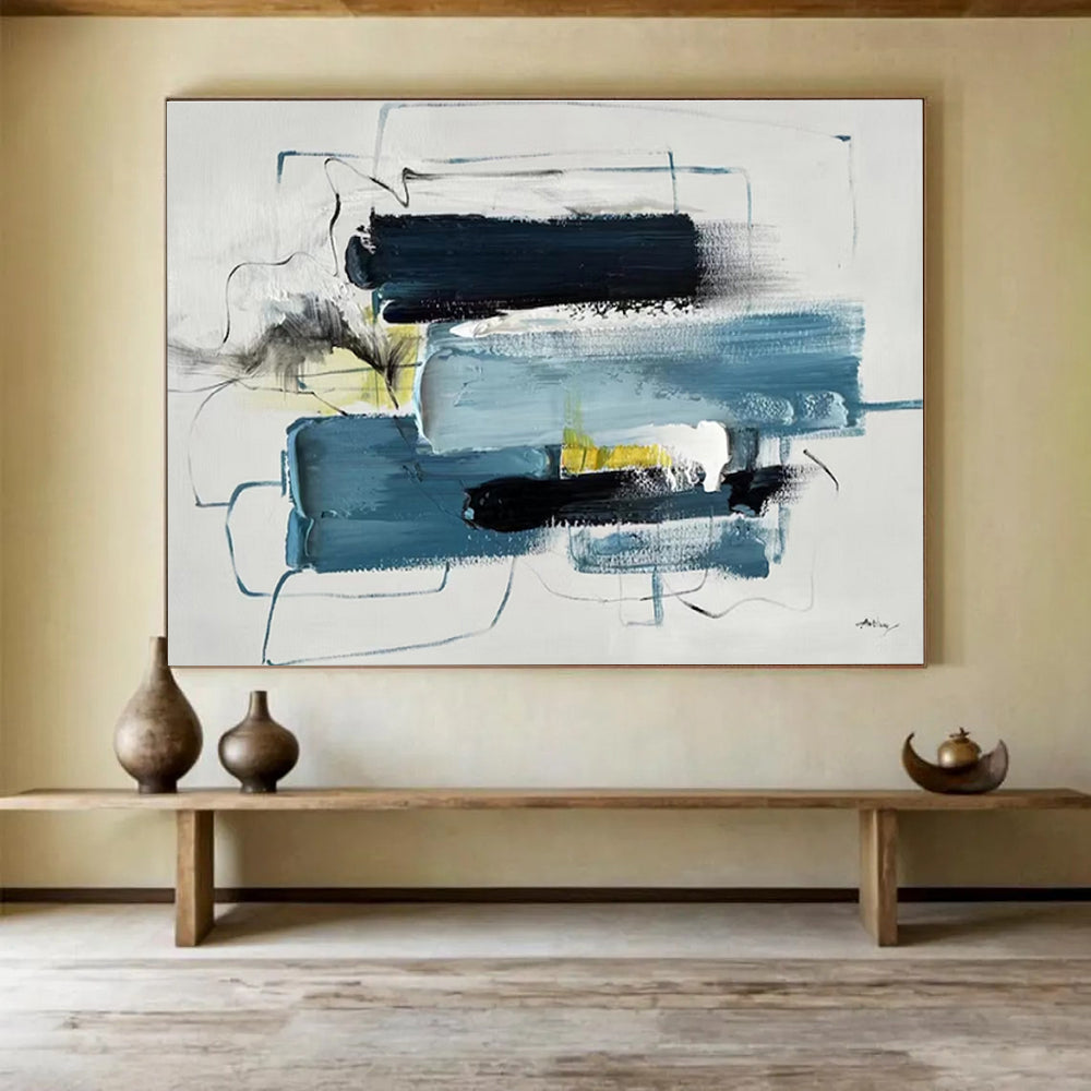 Huge Size Blue, Black, and Yellow Abstract Expressionist Art HPS353