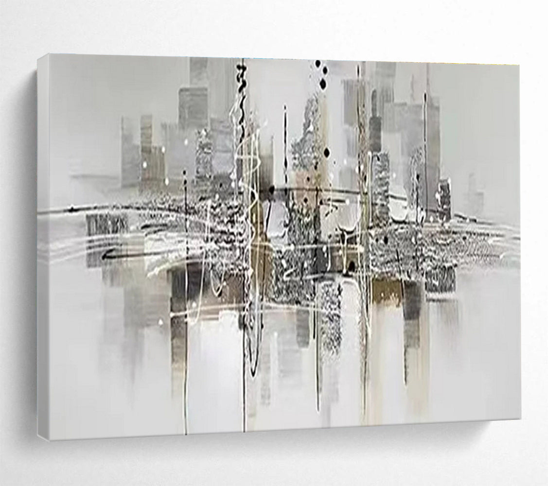 Hand-Painted Gray and Black Abstract City Reflection Art HPS351