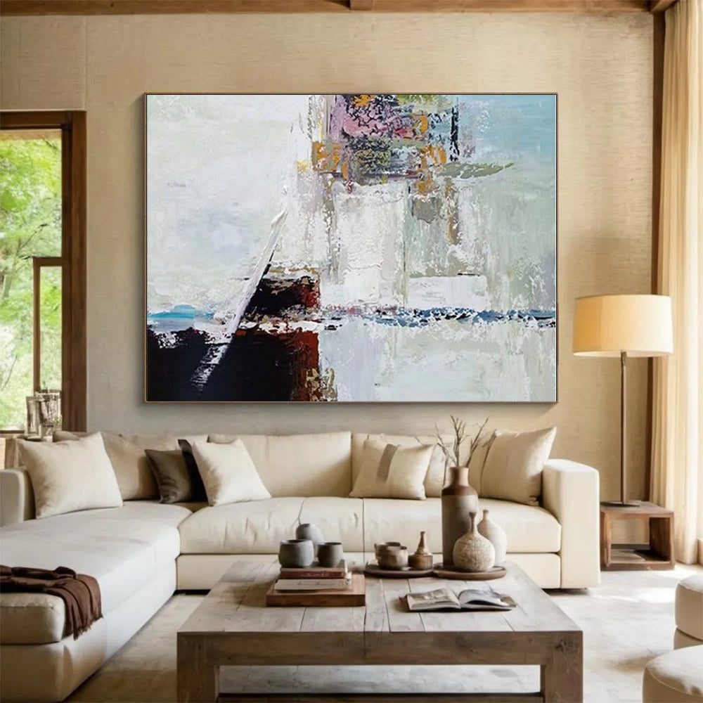 Handmade Art with White, Black, Brown, and Blue Textured Abstract Composition, Paintings For House PT214