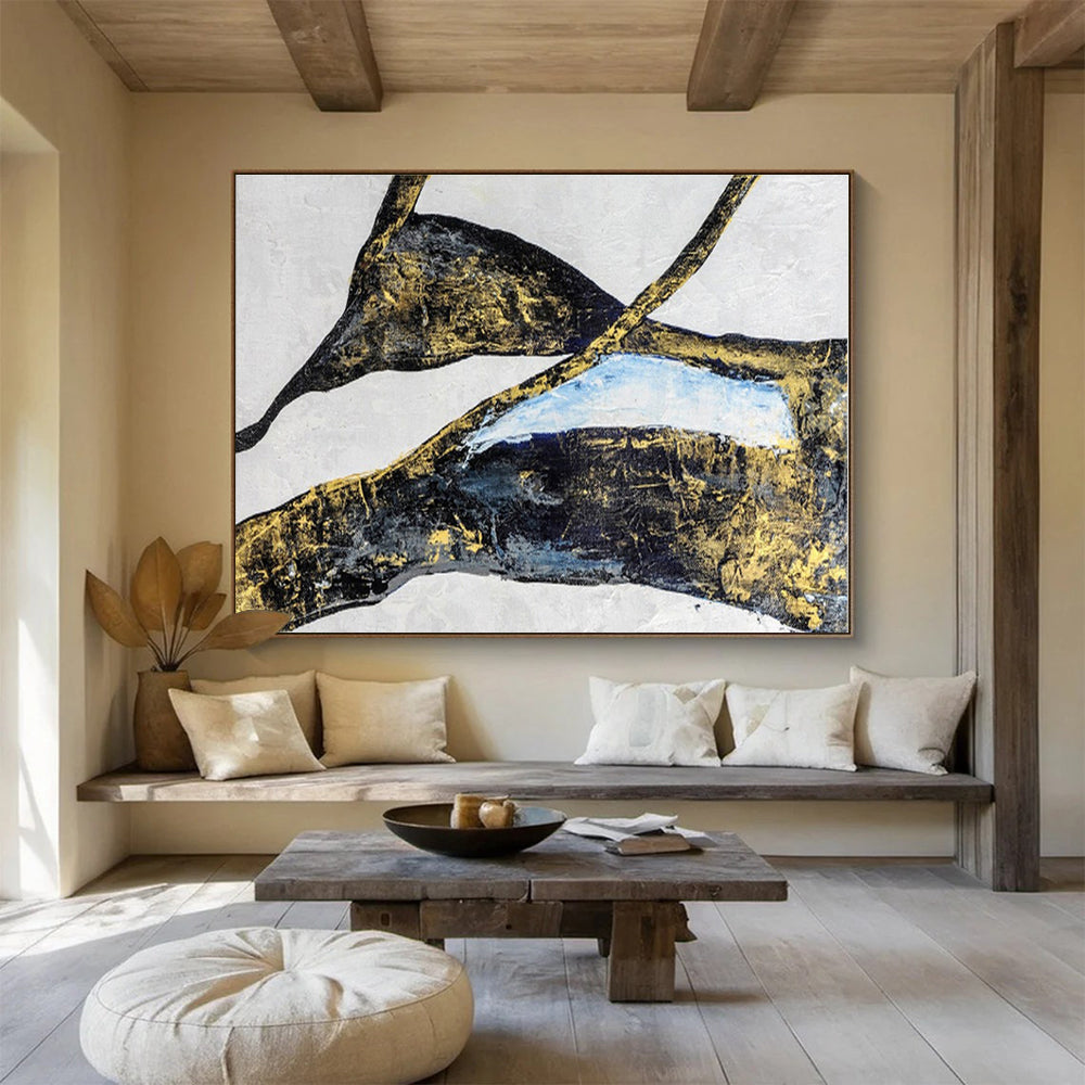 Hand Painted Art Black, Gold & Blue Abstract Shapes On Canvas HPS009
