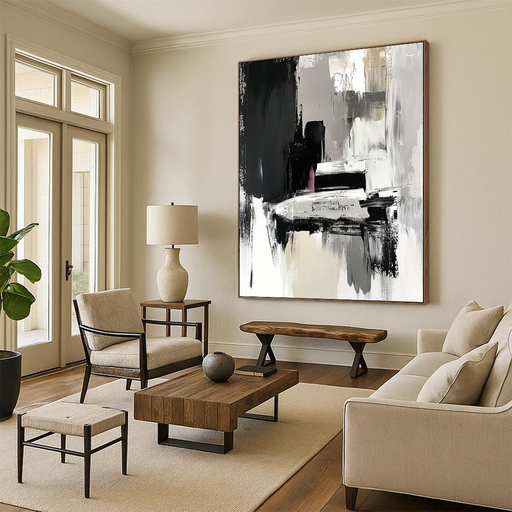 Large Abstract Painting For Living Room, Black Gray White Pink Abstract Textured Art PT151