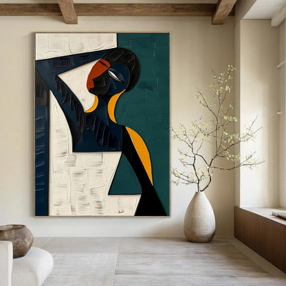 Acrylic Modern Art Paintings Geometric Figure with Teal, Black, White, and Orange Abstract Portrait DPS423