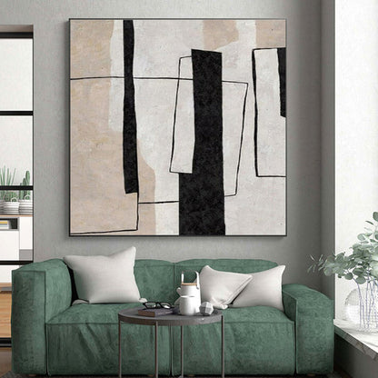 Modern Art Acrylic Black, Beige, and White Geometric Abstract Art PT697