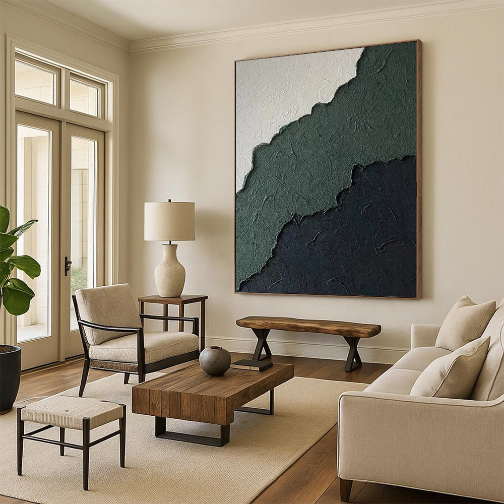 48x60 Green, Black & White Textured Abstract Painting On Canvas