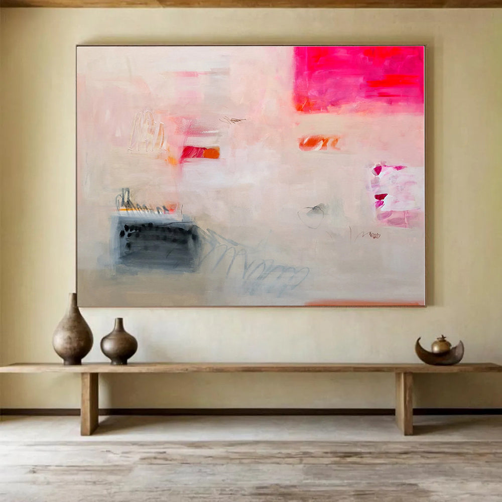 Large Contemporary Wall Art Soft Pink & Gray Abstract Composition On Canvas HPS020