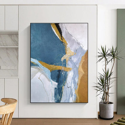 Cool Abstract Paintings Blue, Gold, and Gray Dynamic Abstract Art PT807