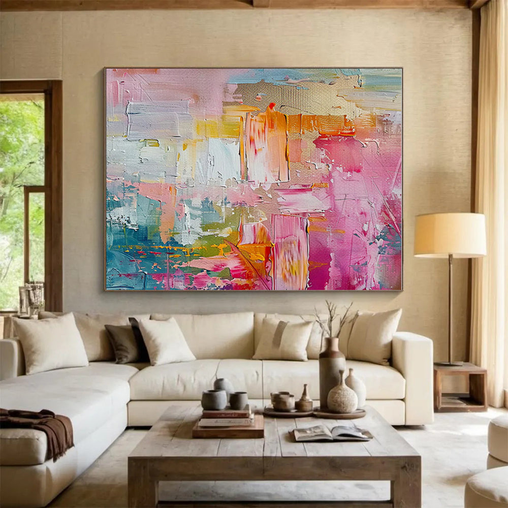 Large Painting In Living Room with Pink, Orange, Yellow, and Blue Abstract Impasto, Acrylic Modern Art PT298