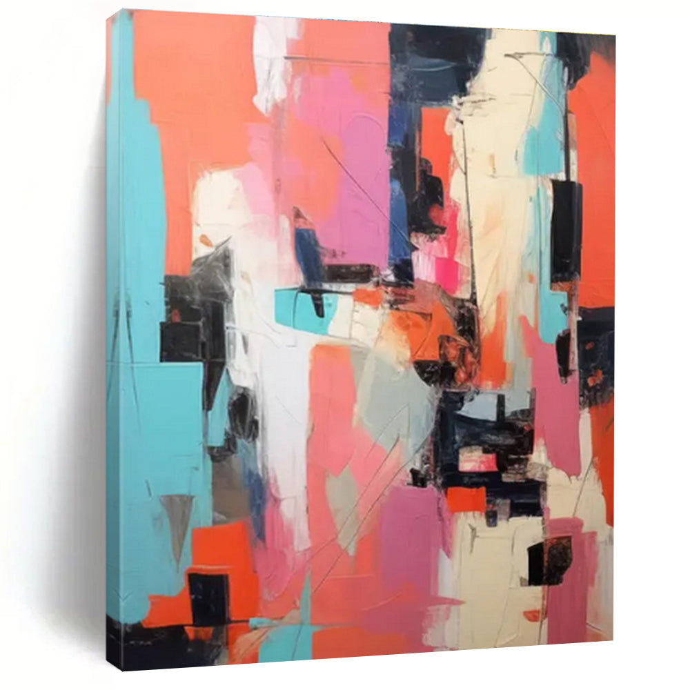 Hand-Painted Vibrant Coral, Pink, Teal, and Black Abstract Geometric Shapes Art PT231