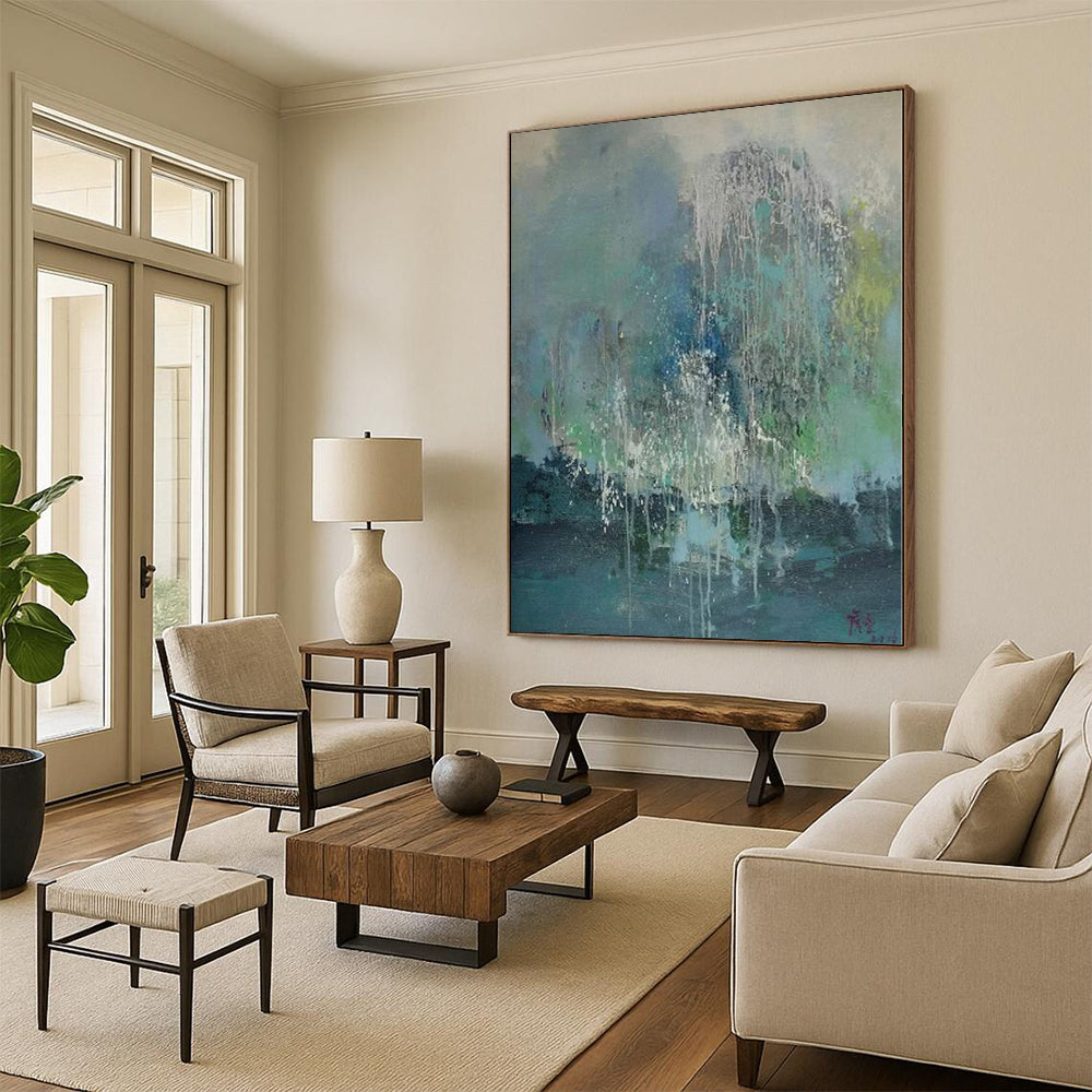 Handmade Art Blue, Green & White Textured Abstract Painting On Canvas PT044