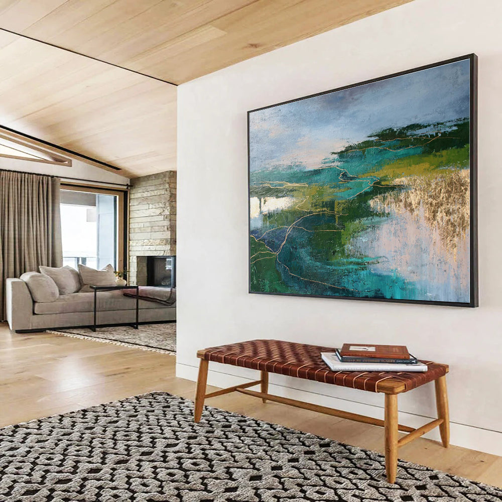 Unique Abstract Art Teal & Green Landscape With Gold Lines Abstract On Canvas HPS043