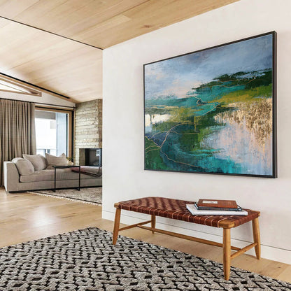 Unique Abstract Art Teal & Green Landscape With Gold Lines Abstract On Canvas HPS043